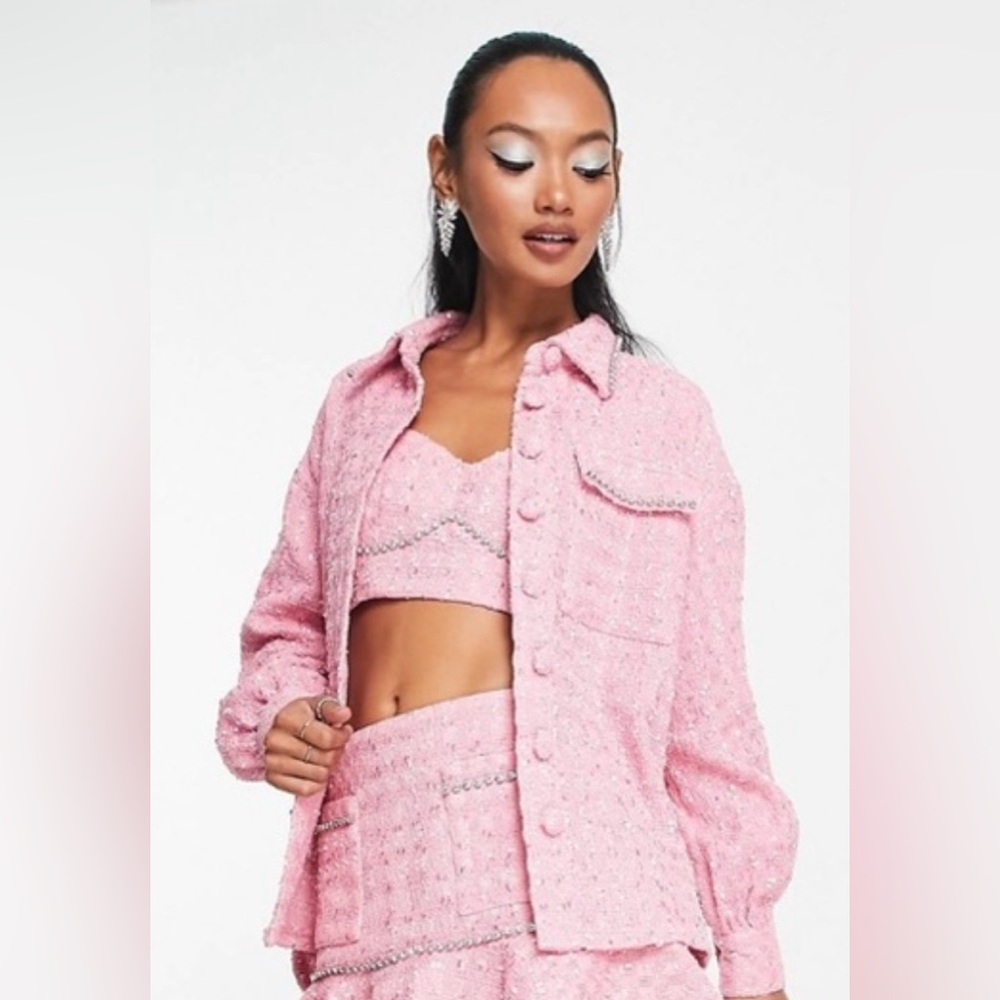 ASOS Design Pink Boucle Tweed Shacket with Rhinestones- Legally Blonde 90s y2k